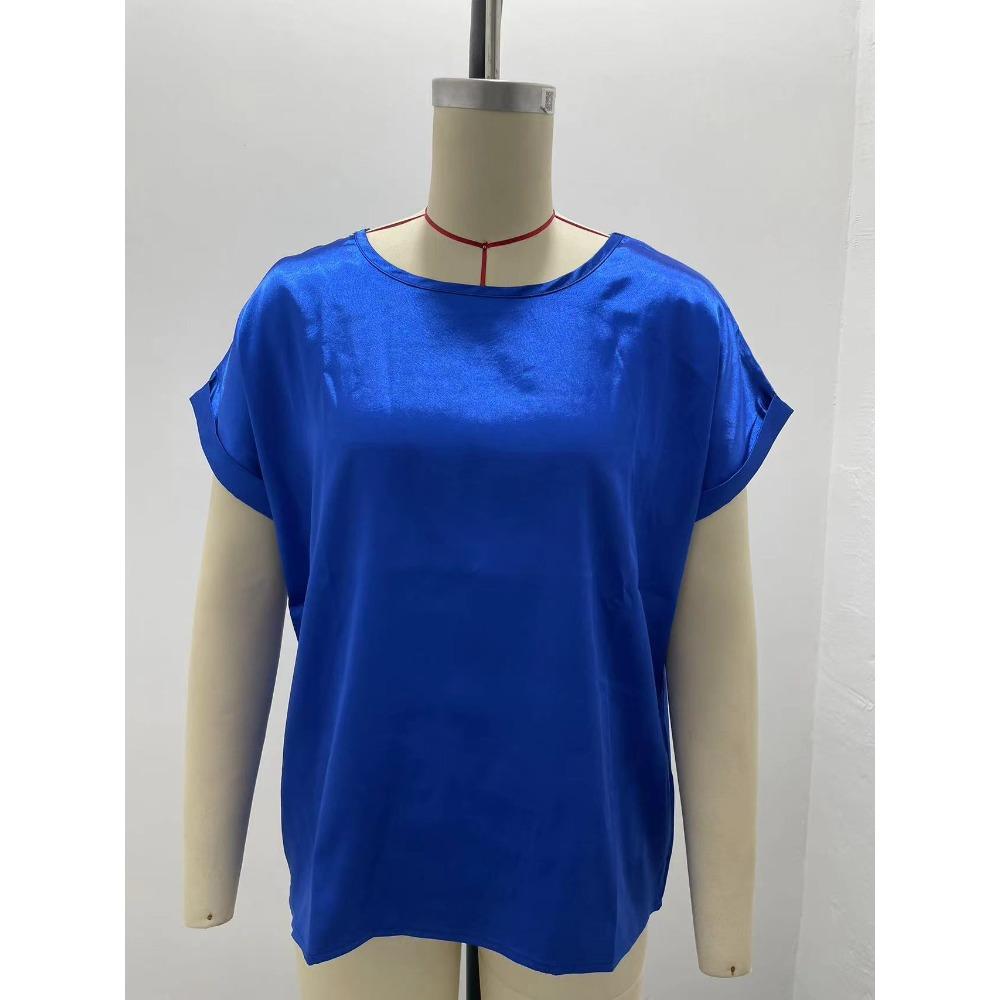 Summer OL Elegant Satin Pullover Round Neck Straight Loose Women T-shirt