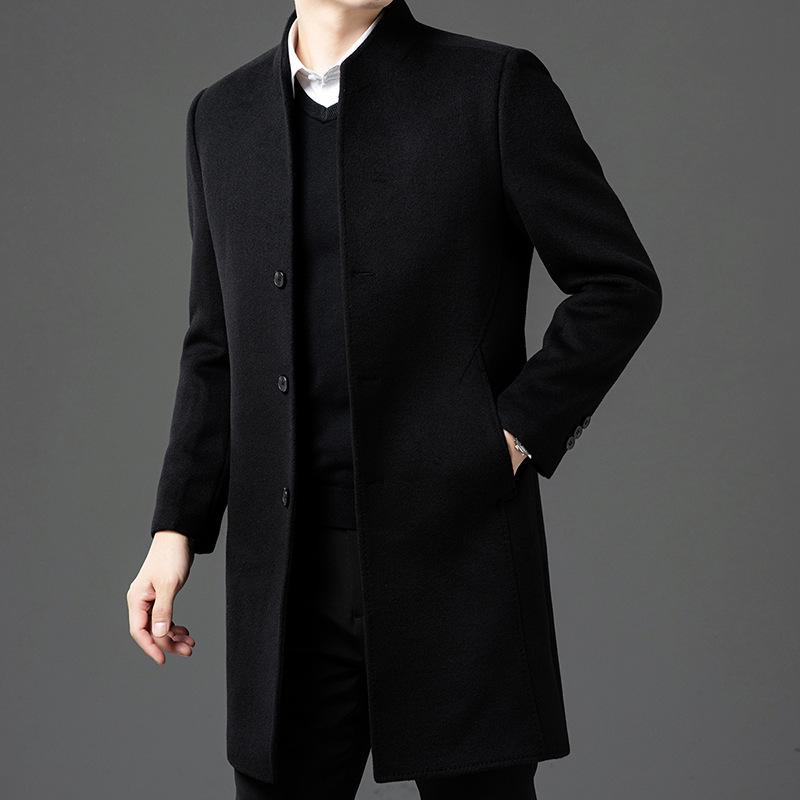 Autumn and Winter New Style Double-sided Woolen Stand-collar Coat for Middle-aged and Elderly Men, Business Casual Mid-length Men's High-end Coat