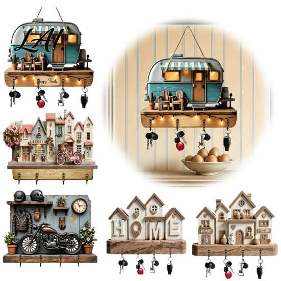 Rustikales Wohnmobil-Dekor für den Eingangsbereich Holz-Schlüsselhalterständer Vintage-Campingmusterständer mit 4 Haken Kreativer Aufhänger Eingang 2D Bauernhaus-Wandmontage