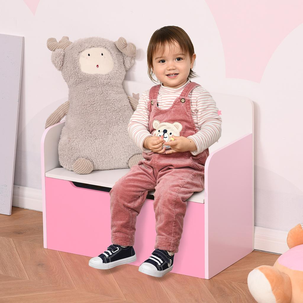 Storage Bench with Backrest in Wood for Children from 3-6 Years, 60x30x50 cm, Pink