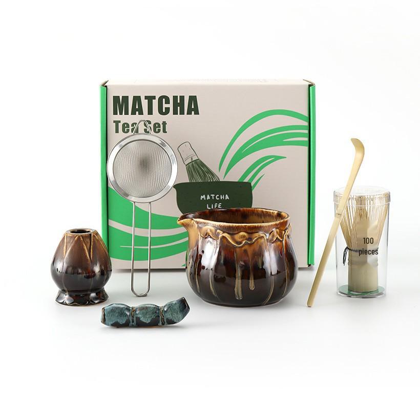 Ceramic Japanese Matcha Tea Ceremony Set with Hundred-Pronged Whisk, Holder, and Brush