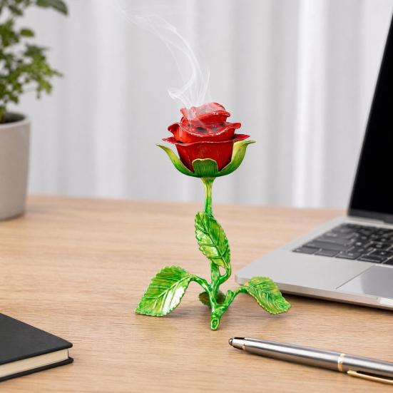 Vintage Rose Incense Burner, Metal Flower Holder, Decorative Tabletop Ornament Bedroom Living Room Office, A Thoughtful Gift for Meditation