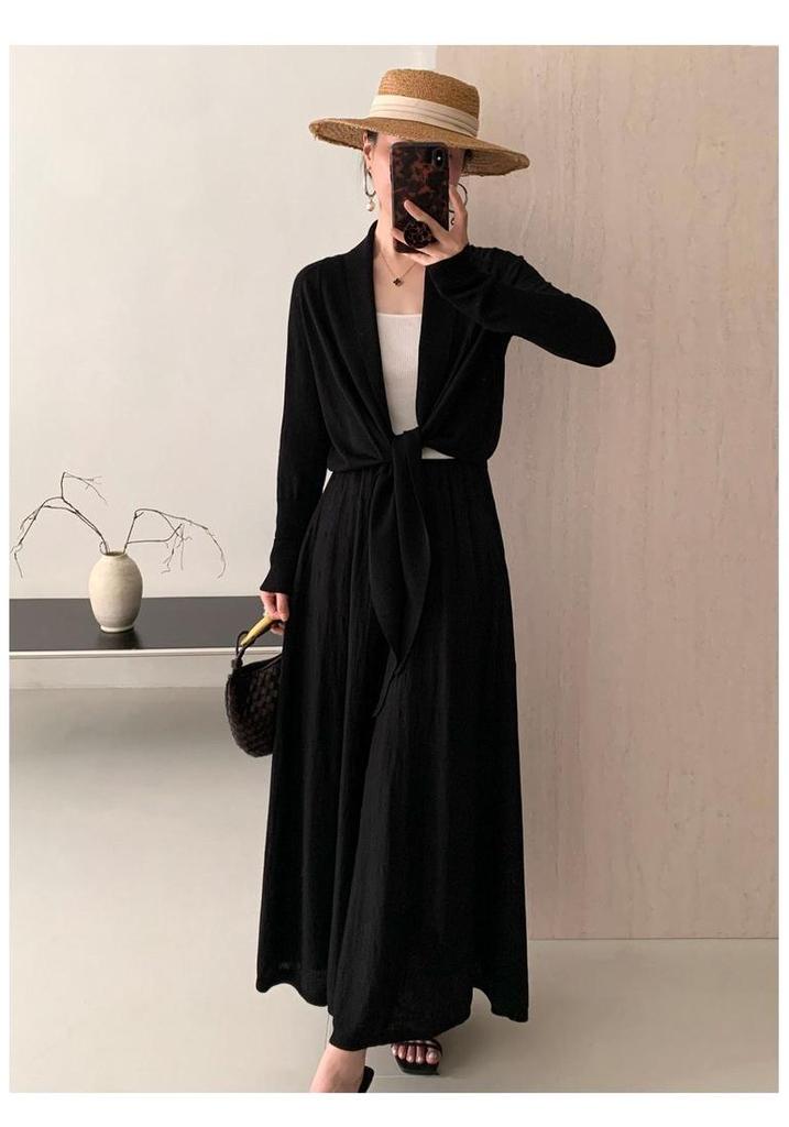 Women's Premium 100% Wool Knit Draped Cardigan - Simple, Versatile, High-Waisted, Short, Tie-Up, Lightweight Outerwear