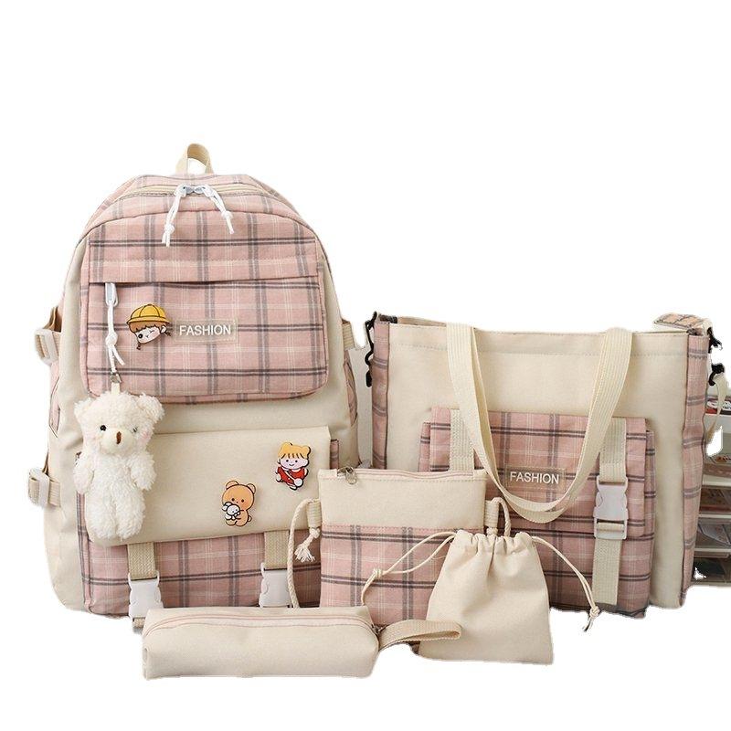 Zaino Zaino scozzese carino per la scuola elementare Zaino trendy da donna in versione coreana Set di cinque pezzi