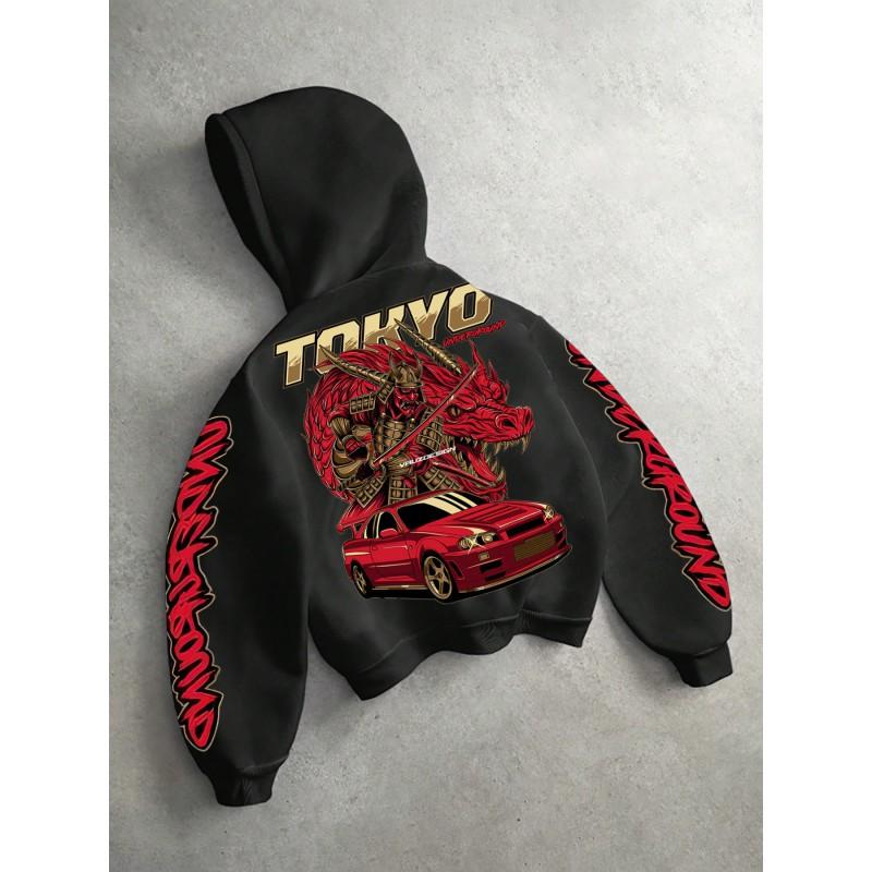 Tokyo Samurai Sports Car Short Hoodie Red Gold Japanese Style JDM Loose Fit Long Sleeve Print Top