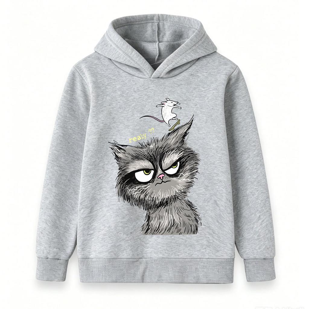 Kids Unisex Boys Girls Pullover Hoodie, Funny Angry Cat Skateboarding Mouse Print Casual Warm Hooded Sweatshirt for Daily Wear Party Gifts 6-12 Years