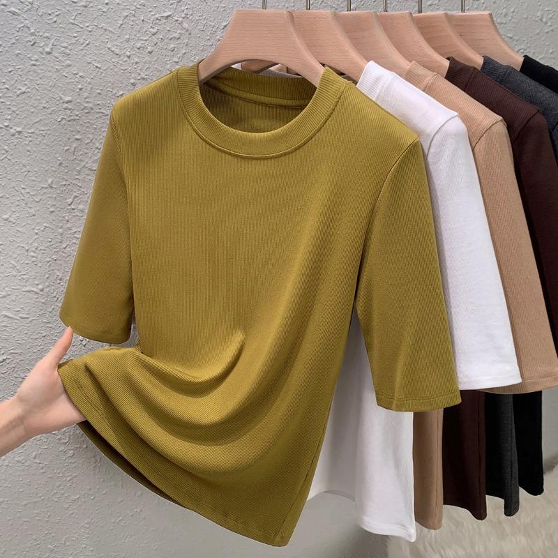 Women's new crew neck bottoming shirt solid color medium sleeve cotton slim fit with silk protein top