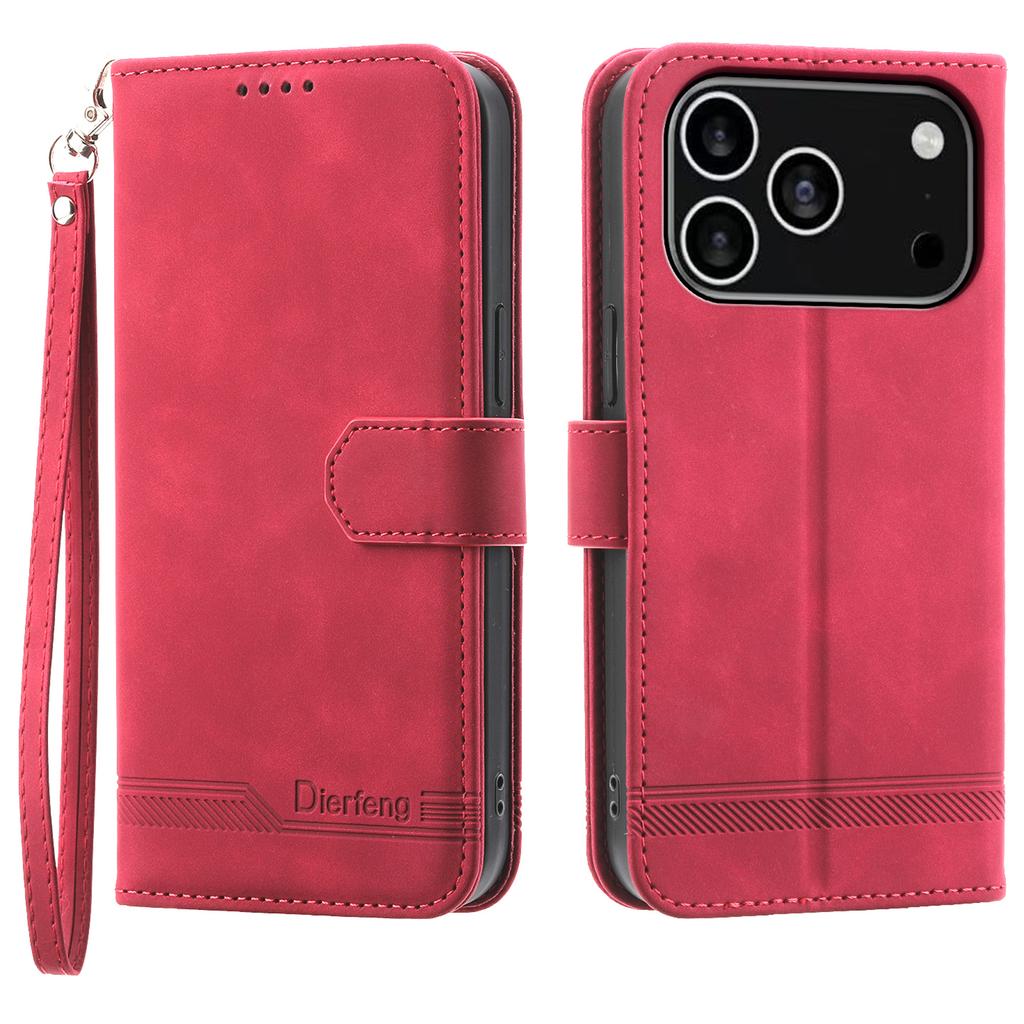 DIERFENG DF-03 For iPhone 17 Pro Case Lines Imprint Wallet Leather Phone Cover with Wrist Strap