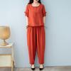 Women's Cotton Linen 2-Piece Outfit Casual Short Sleeve Crew Neck Top And Long Pants