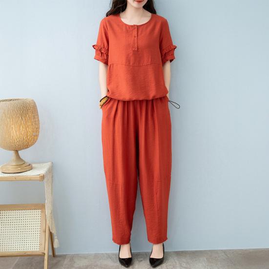 Women's Cotton Linen 2-Piece Outfit Casual Short Sleeve Crew Neck Top And Long Pants