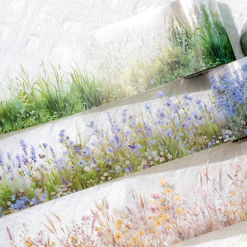 2 Roll PET Tape Green Notebook Flowers Landscape Series Primer Scrapbook Hand Account Stickers Decorative Gift Packaging Tape
