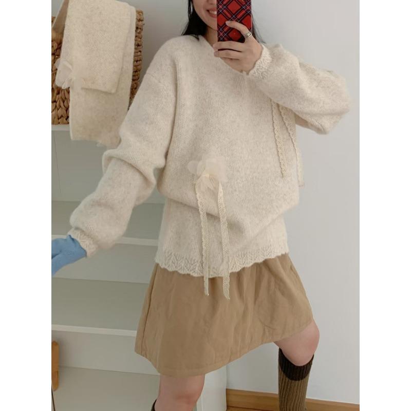 Autumn and winter new loose design scarf knitted sweater top soft waxy flower sweater pullover woman