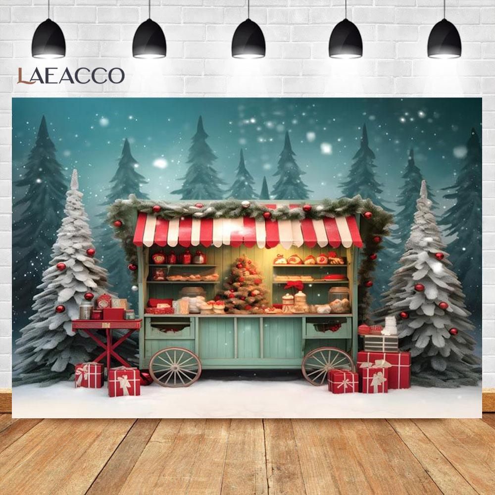 Laeacco Christmas Camper Pography Backdrop Winter Snowy Pine Trees Mini Bus Baby Birthday Family Holiday Portrait Background