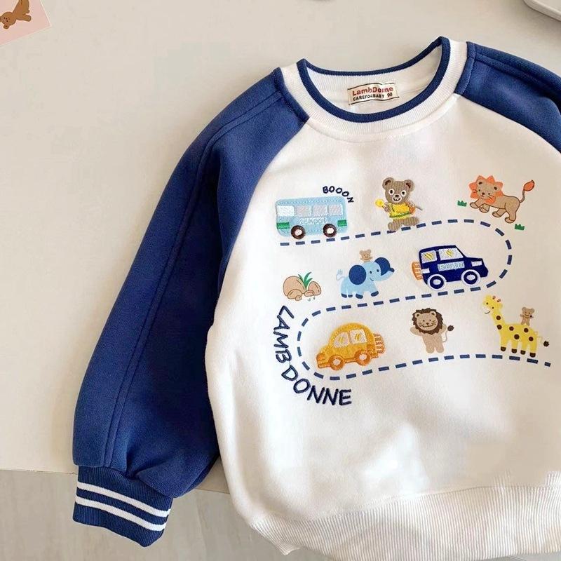 Boys Spring Autumn Block Hooded Sweatshirt with Car Track Print Long Sleeve Top