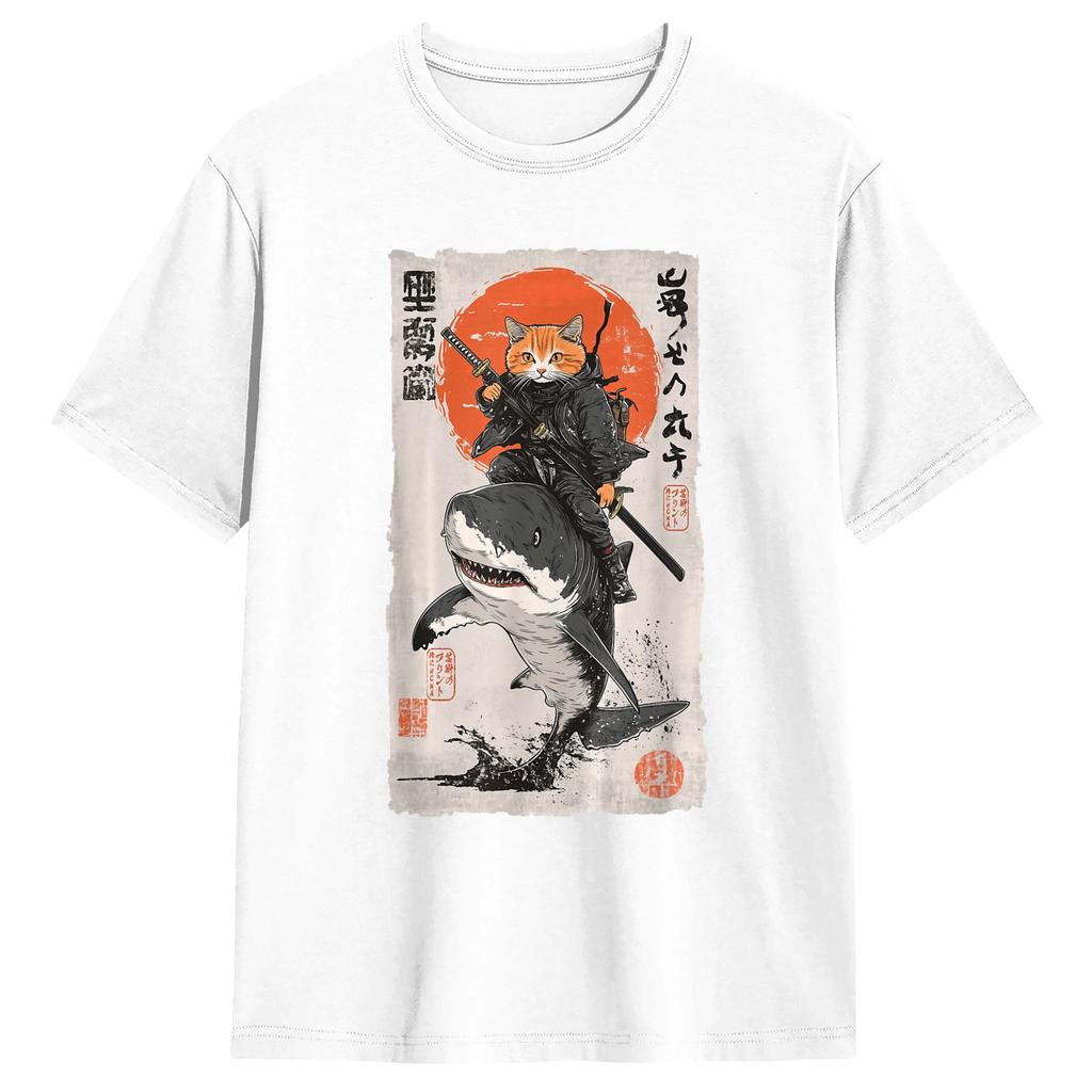 Ukiyoe Art Japanese Cat Riding T Shirt Unisex Pure Cotton Fashion Male Tshirts O Collar Tee Shirt Short Sleeve Clothing Present
