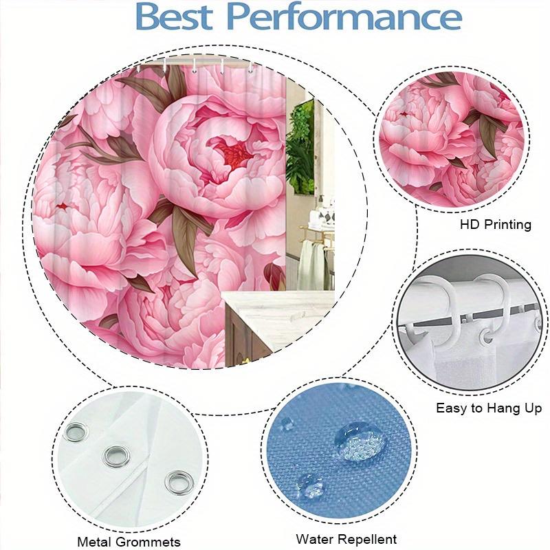 1Pc Pink Peonies Shower Curtain - Full Blooming Flowers & Dark Green Leaves, Polyester, 70.8X70.8", 12 Hooks, Elegant Decor