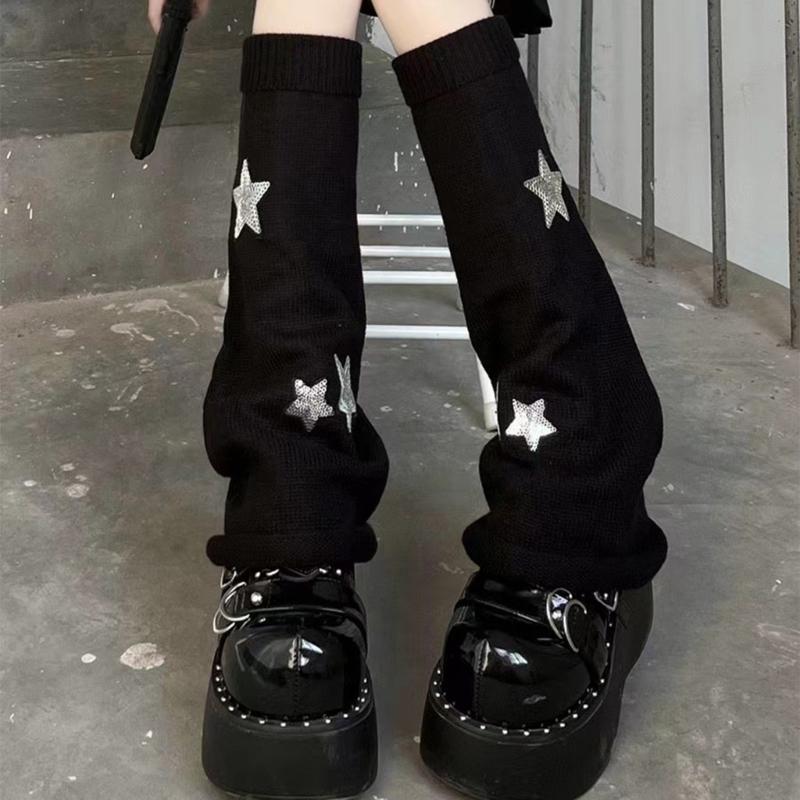 Pierneras Lolita para Niñas Y2K Estrella Tejidas Mangas de Pierna Acampanadas Puño Holgado Gótico Calcetines Tobillo Montón Cubre Pies Uniforme JK
