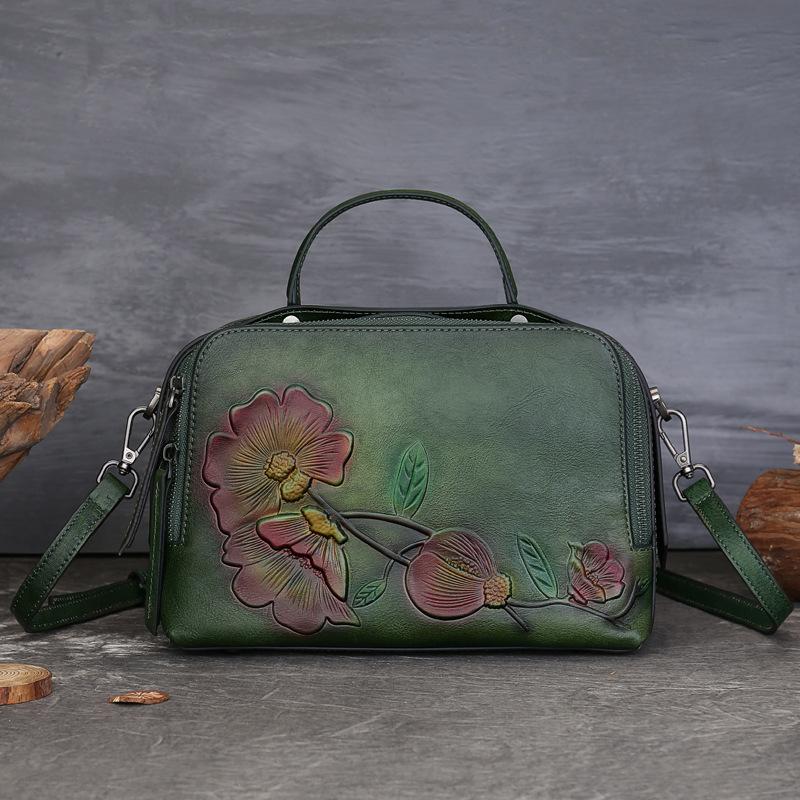 

Новая Сумка-Подушка из Коровьей Кожи Верхнего Слоя в Ретро Стиле, Художественная Женская Сумка-Бостон с Тиснением в Китайском Стиле, Вместительная, Универсальная зелёный