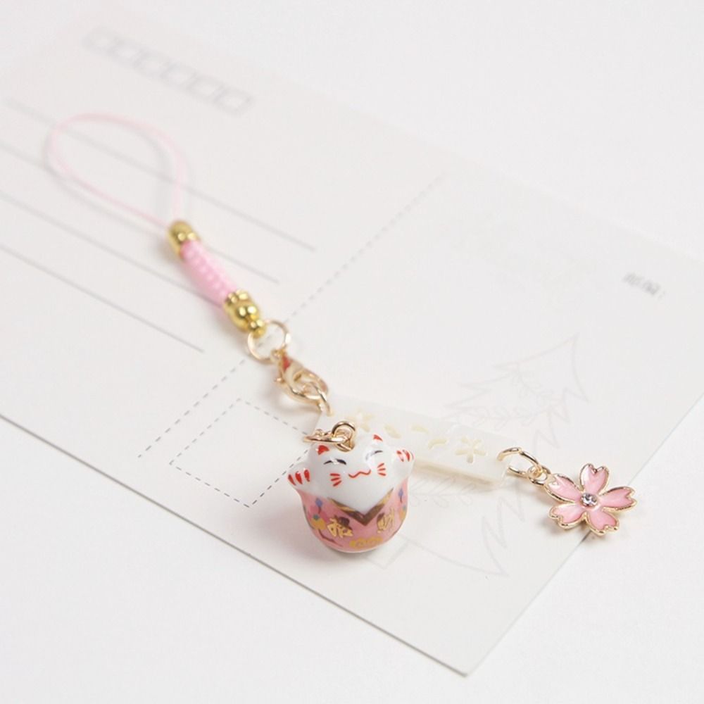Ceramics Sakura Lucky Cat Phone Lanyard Braided Rope Lucky Cat Keychain Wrist Rope Cherry Blossoms Japanese Style