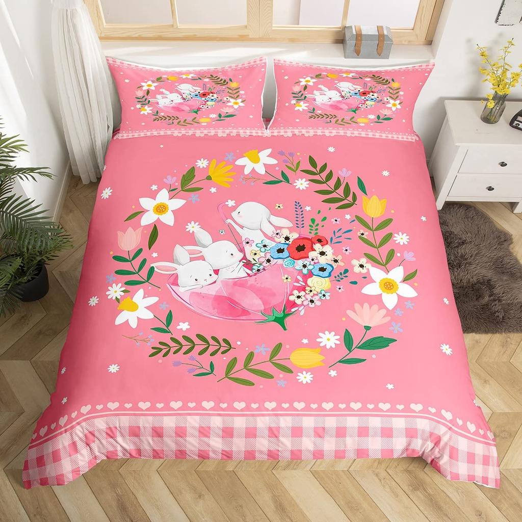 Kawaii Kaninchen Bettbezug Cartoon Tier Bettwäsche Set Geometrie Gitter Kariert Bettdeckenbezug Bunte Blumen Schmetterling Bettset