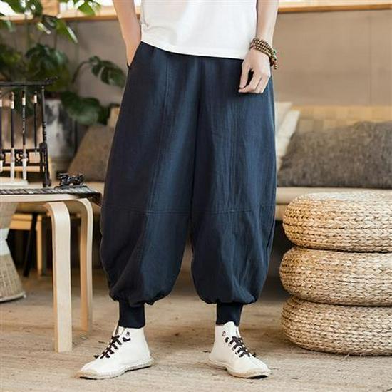 

Plus Size Chinese-Style Wide-Leg Linen Pants - Nine-Point Loose Cuffed Harem Bloomers 5XL (200-225 jin) темно-синий
