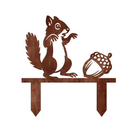 Garden Landscape Ornament Rusty Metal Squirrel with Acorn Stake, Cute Animal Silhouette Sculpture, Decor Decorative Outside Yard Art for Patio