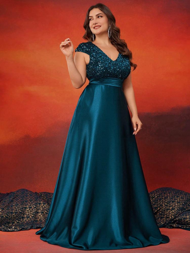 Elegant V-Neck Sequin Evening Gown - Satin A-Line Long Dress for Women