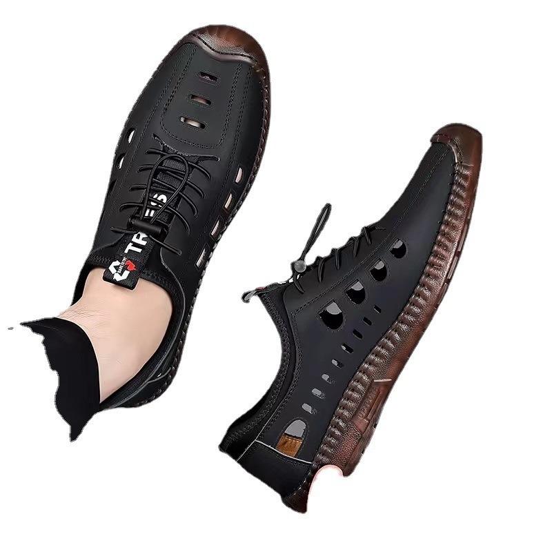 Men's summer hollow sandals hand-stitched soft sole soft surface breathable casual hole shoes driving shoes