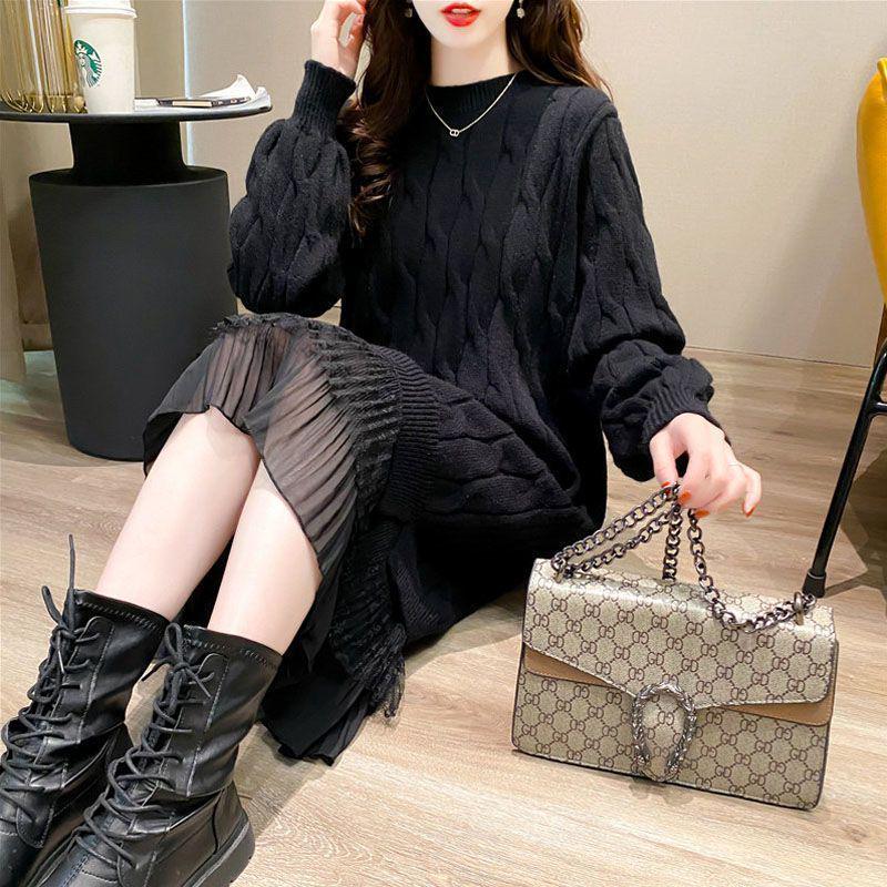 

Autumn/Winter Mid-Length Lace Knit Dress S (80-95 lbs recommended)