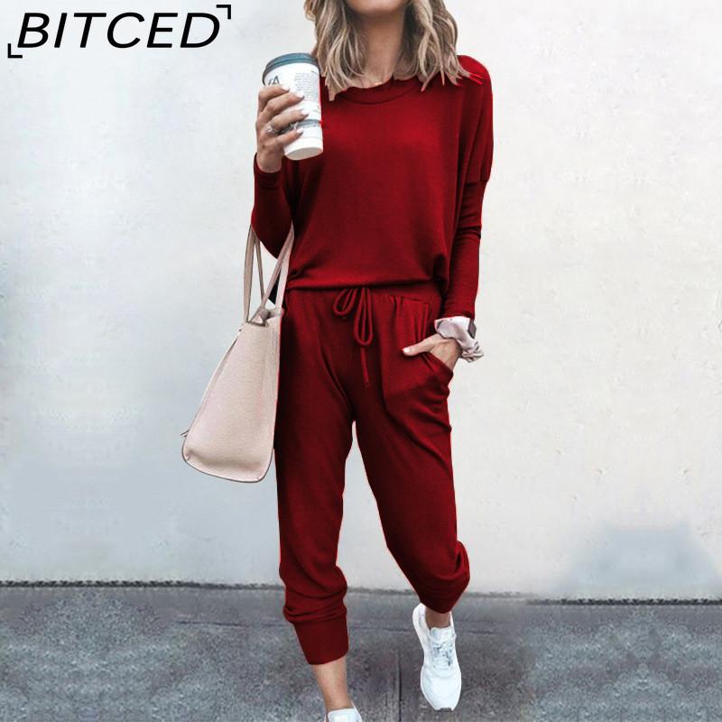 BITCED Spring and Autumn Women's Loose Solid Colour Long Sleeve Long Pants Casual Suit