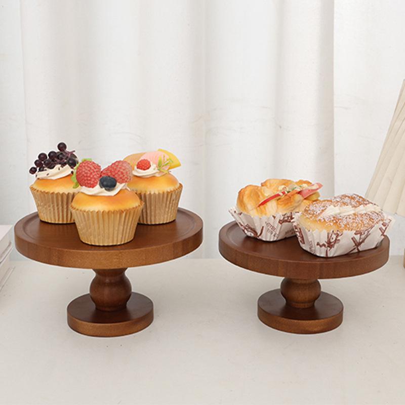 Round Solid Wood High-Footed Tray for Cake, Fruit, and Dessert Display