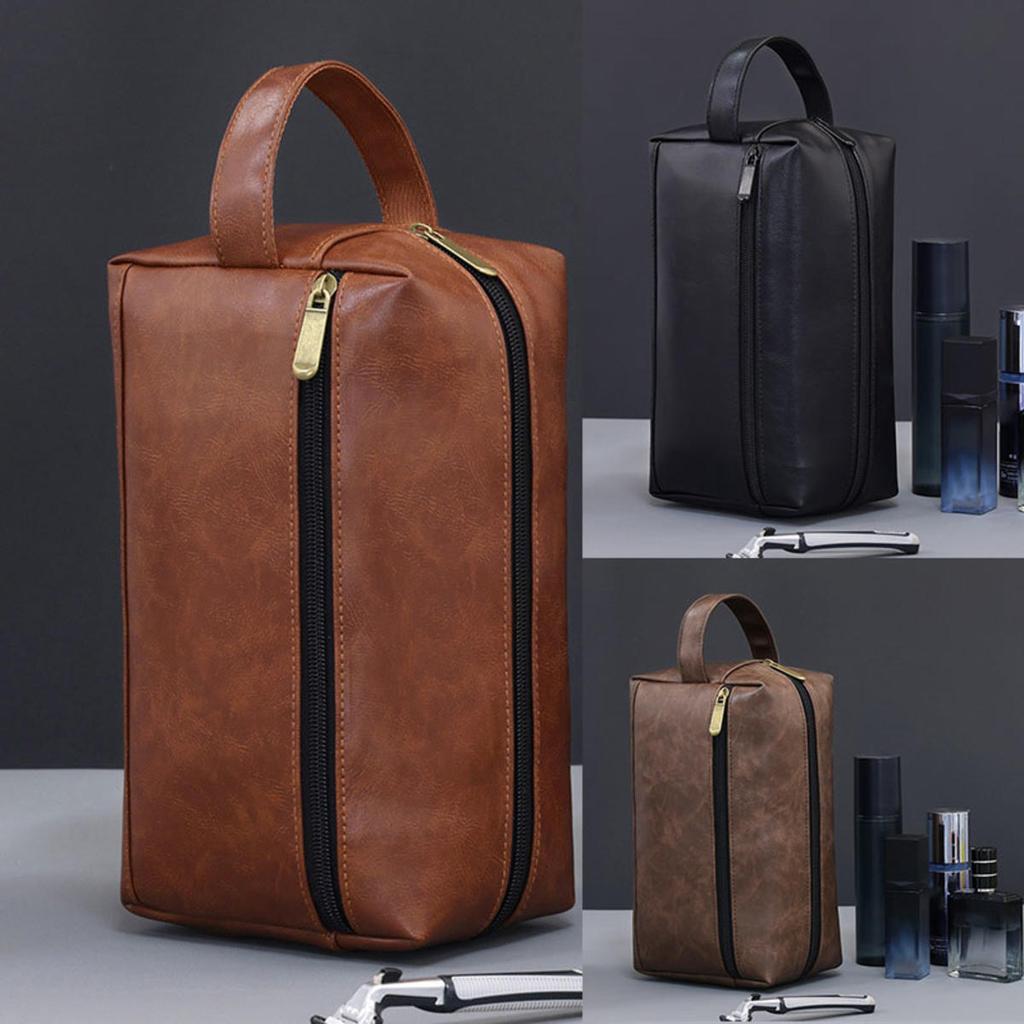 Men Leather Travel Business Shaving Cosmetic Pouch Strorage Bag Portable Toiletry Bag Large Capacity Organizer Handheld Toiletry Kits
