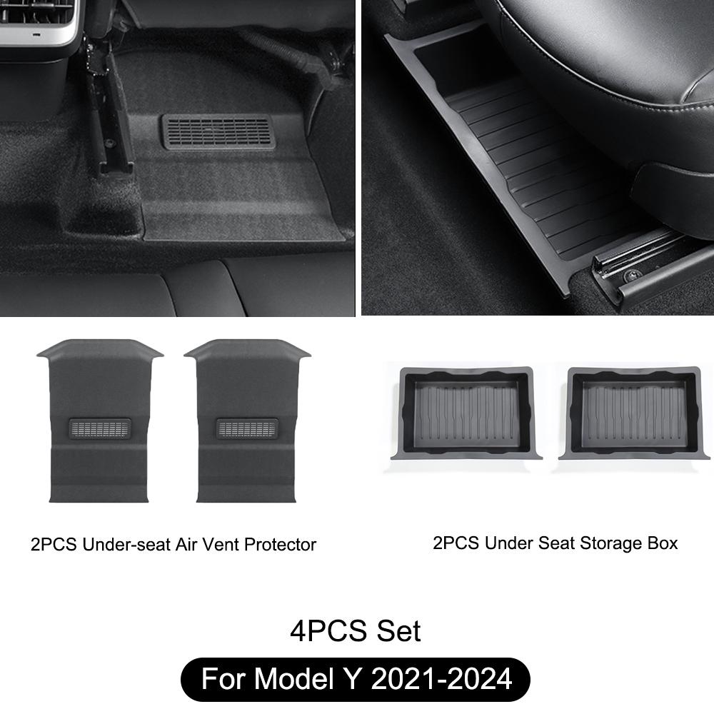 For Tesla Model Y -2024 Seat Bottom Carpet Protector Dirty Proof TPE Under Seat Rear Air Vent Protect Cover Storage Box Set