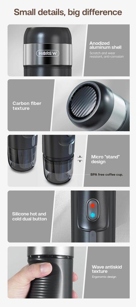 New HiBREW Portable Coffee Maker Expresso Coffee Maker for Nexpresso Capsules Coffee Powder for Car Camping H4A