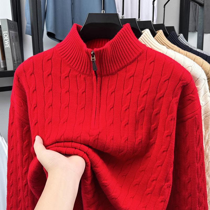 Men's Light Luxury Cable Knit Half-Zip Sweater with Stand Collar - Business Casual Autumn/Winter Outerwear