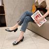 Square Buckle High Heels Women's Spring 2025 New Thick Heel Rhinestone Shallow Mouth Middle Heel Square Head Single Shoes 8829