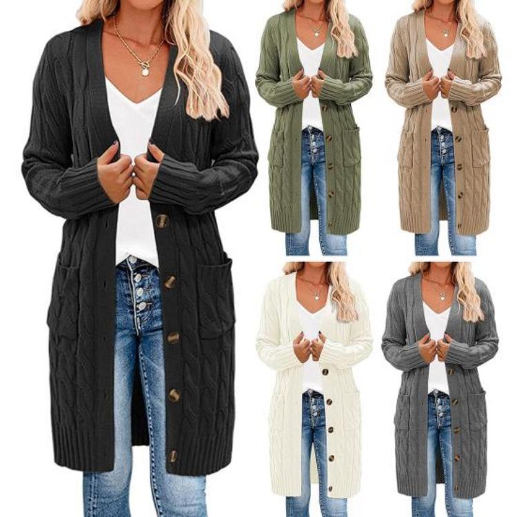 Button Up Knitting Jacket Women Sweater Cardigan Solid Color V Neck Long Sleeve Twist Texture Tops with Pockets