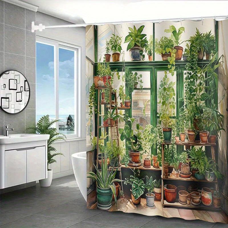 Garten Duschvorhang Wasserdicht Stoff Badezimmer Vorhang Retro Fenster Blumentopf Duschwand Trennwand Heimdeko Mit (as the picture,150x180cm59x71in)