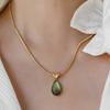 French Retro Olive Green Blue Water Drops Pendant Necklace For Women Stainless Steel Snake Bone Chain Clavicle Chain Jewelry
