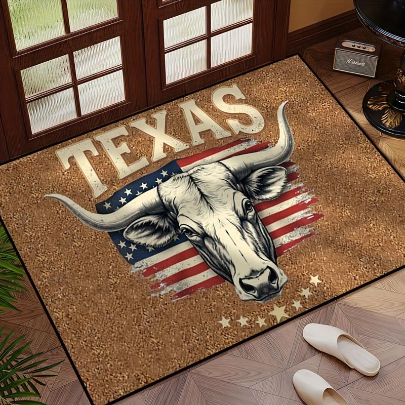 1pc 2D Flat Texas Longhorn Bull American Flag Flannel Door Mat Non Slip Western Country Rug For Entryway Ranch Floor