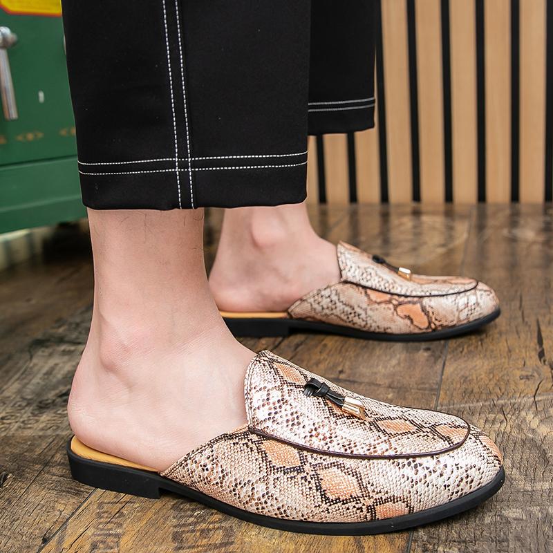2025 Leather Snake Men's Half Shoes for Men Party Shoes Casual Designer Shoes Fashion Loafers Luxury Black Slippers New Summer