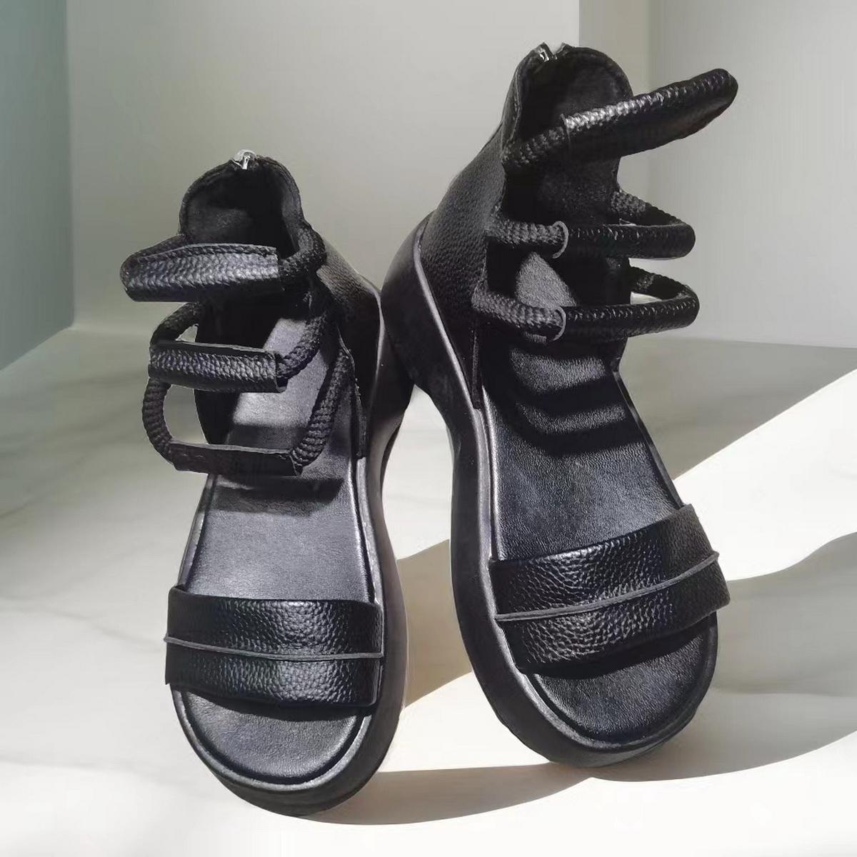 

Модные высокие ботинки в стиле ретро для женщин, сандалии с открытым носком на платформе, мягкая кожаная молния сзади, пеньковая веревка, толстая подошва, сандалии 35 чёрный