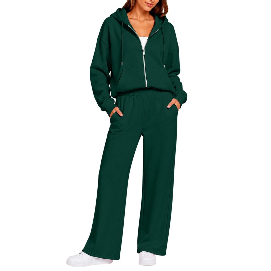 Completo Casual da Donna a Due Pezzi con Cardigan con Zip e Cappuccio e Pantaloni a Gamba Larga