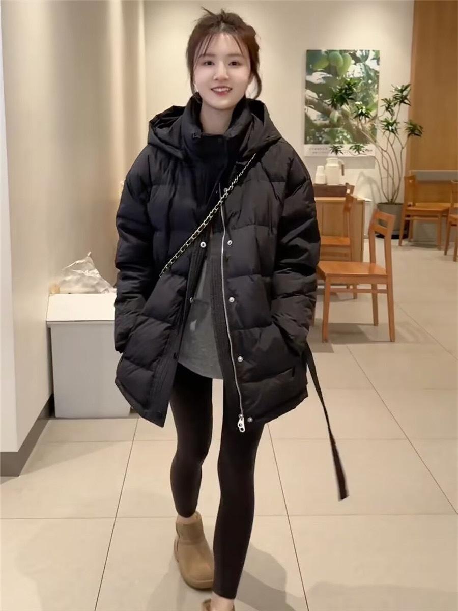 

Hooded waist down cotton clothes women s 2025 winter new loose and thin thickened warm cotton-padded coat S чёрный