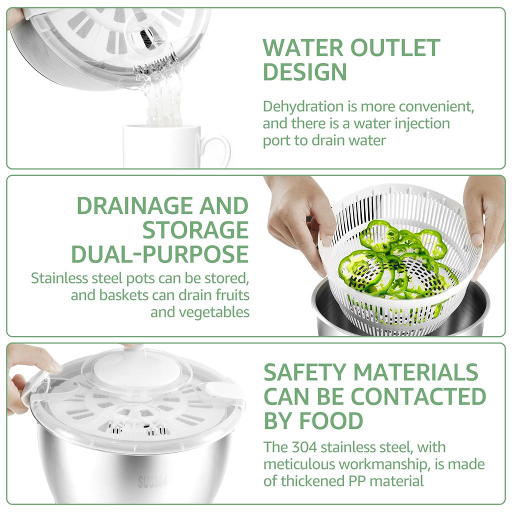 5L Salad Spinner 304 Stainless Steel Lettuce Spinner Washer Nonslip Base Vegetable Dryer with Drainage Holes Kitchen Utensils