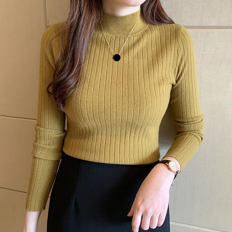 Autumn Winter Mock Neck Women Sweater Vintage Basic Solid Knitted Tops Casual Slim Pullover Korean Sweaters Simple Chic Jumpers