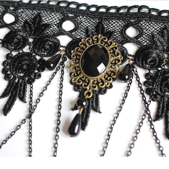 Punk Wide Neck Black Lace Necklace, Banquet Dress Exaggerated Fringe Pendant Collarbone Chain Women