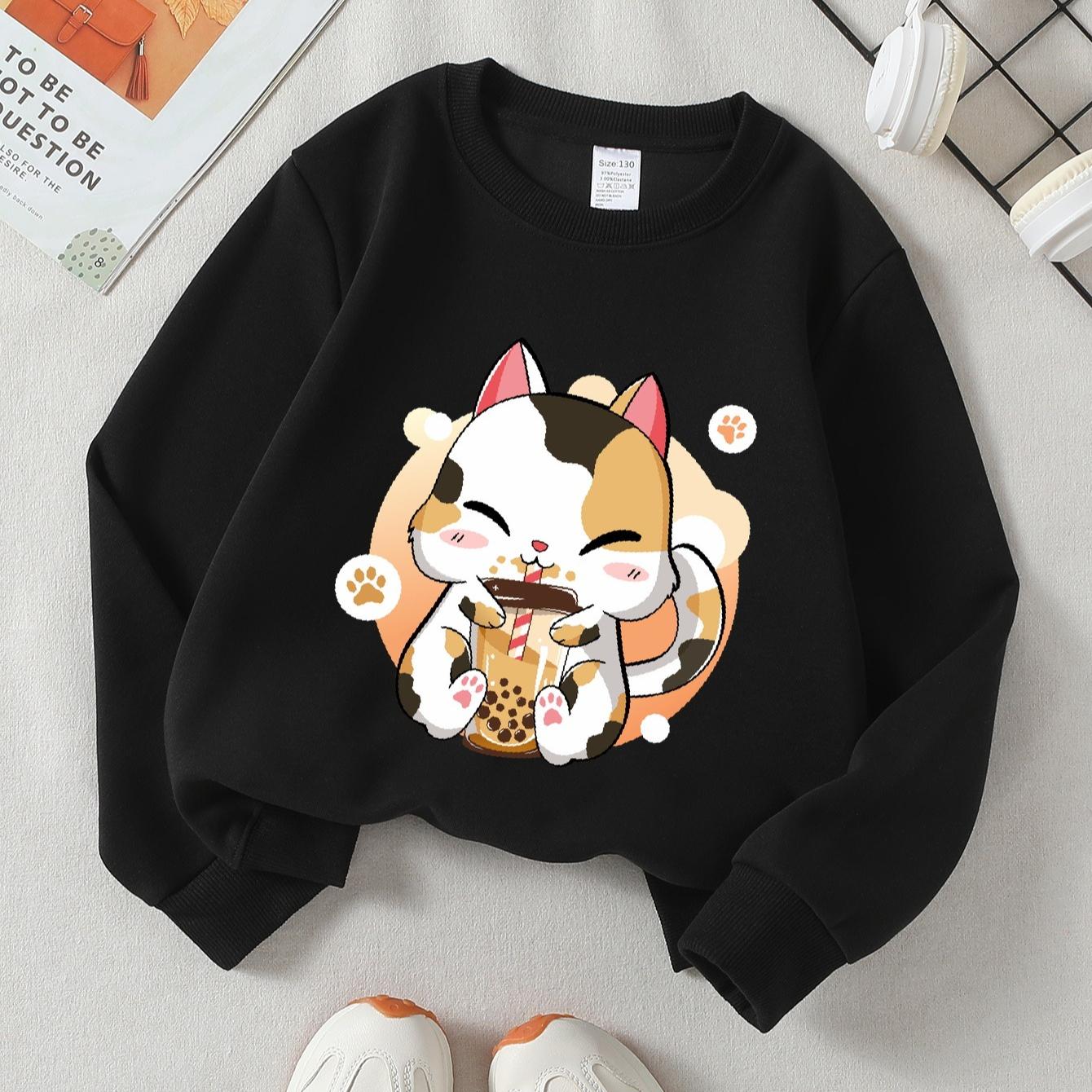Kids Crewneck Long Sleeve Sweatshirt,Cartoon Lucky Cat Graphic Print 110 чёрный