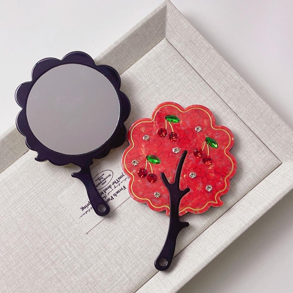 Cute Cherry Acetate Makeup Mirror Rhinestone Colorful Tree Shape Mirror Cartoon High Definition Handle Portable Mirror Girl