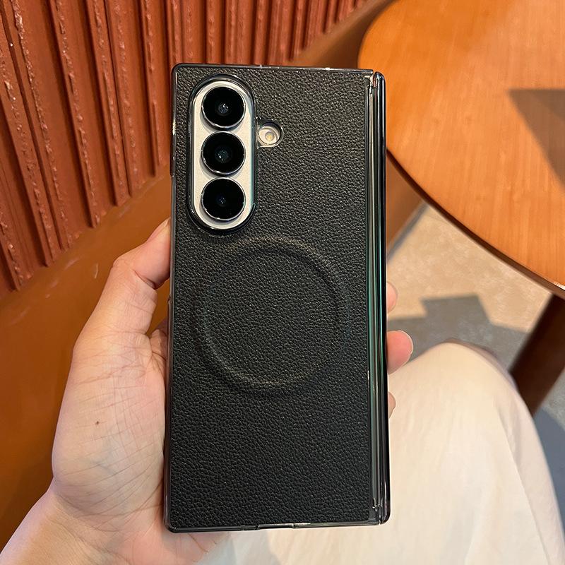 Suitable for Samsung Zfold7 Magnetic Suction Mobile Phone Case Fold6 Double-sided Central Axis Anti Fall Business Litchi Leather Pattern